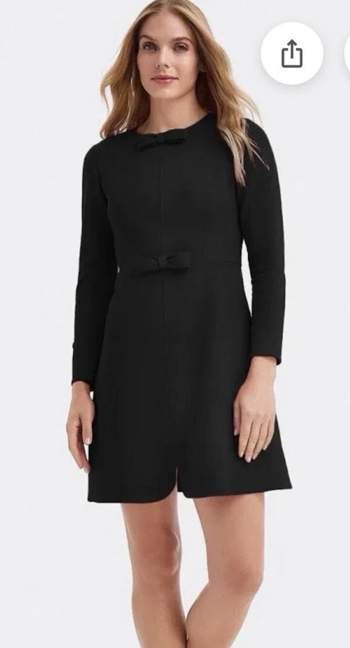 Draper James NWT Longsleeve Sadie Shift Dress Black Sz S Mini Bow Accent